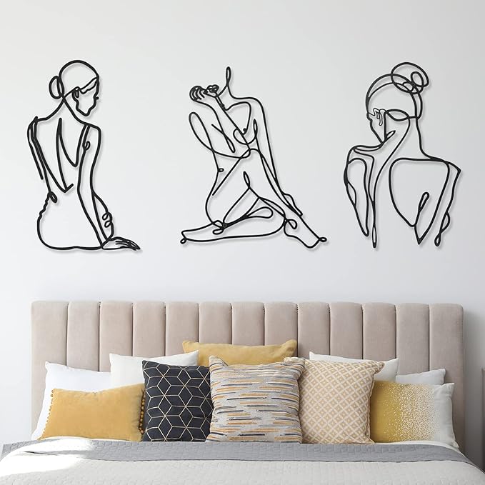 Photect 3 Pcs Metal Wall Art Decor Minimalist Abstract Woman Wall Art Metal Modern Line Drawing Decor Female Single Line Home Hanging for Bedroom Bathroom Living Room Housewarming(Retro,Black)