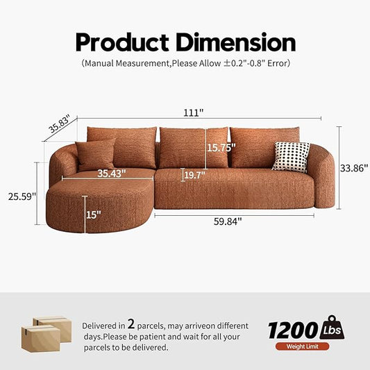 Settab 111" Modular Sectional Couches Luxury Modern Curved Back Sofa,Minimalist Comfy L-Shape Boneless Cloud Couch for Living Room Apartment,(Left Facing Chaise,Orange)