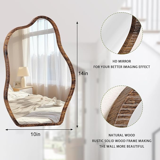 Small Asymmetrical Irregular Wall Mirror Wood Frame Mirror Unique Modern Wall-Mounted Artistic Cloud Shape Mirror Decor for Bathroom Bedroom Living Room Entryway Hallway Vanity