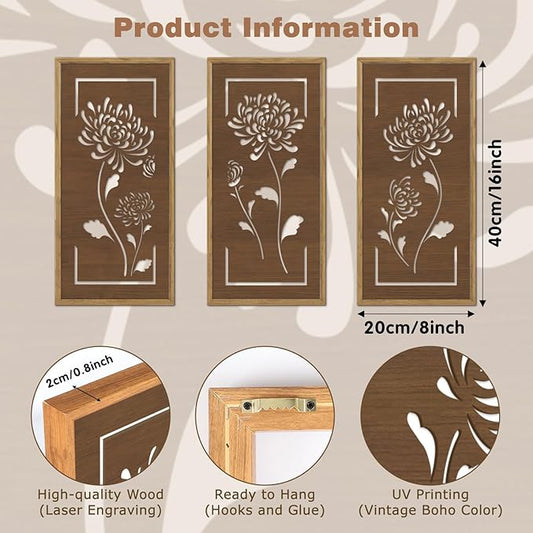 KAIRNE Floral Wooden Wall Art,Boho Flower Farmhouse Decor Set of 3(16X8),Brown Vintage Wood Hanging Decor,Bohemian Framed Wall Art,Retro Design for Living Room Bedroom Office Decor