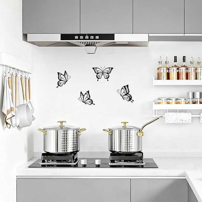 PoYang 4 Pieces Metal Butterfly Wall Decor - Butterflies Metal Wall Art for Living Room Dining Room Bedroom Bathroom Kitchen | Black | Lightweight | Cute and Modern | Easy to Install