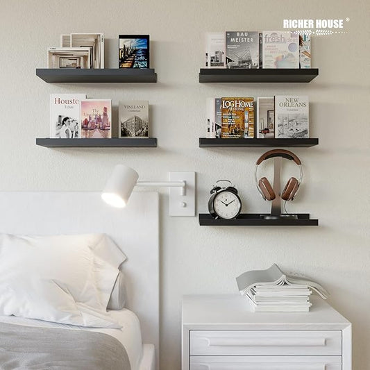 RICHER HOUSE 5 Set Floating Wall Mounted Shelves, Black Shelves for Wall Decor, Modern Picture Ledge Shelf with Lip for Storage, Nursery, Bedroom, Living Room, Bathroom - Black