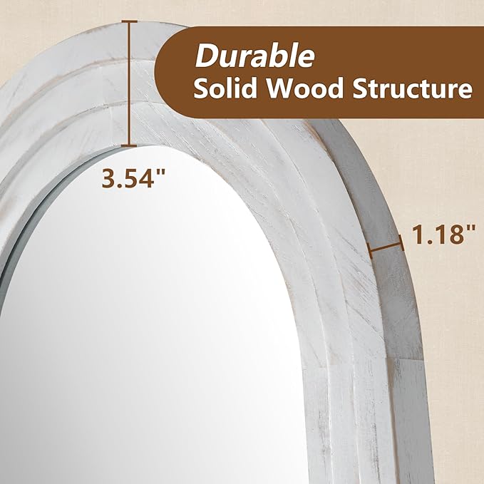 MELOMOIR Arched Full Length Mirror with Solid Wood Frame, 64"x21" Rustic Farmhouse Floor Mirror with Stand, Free Standing Leaning Hanging, for Bedroom Living Room Dressing Room, Weathering White