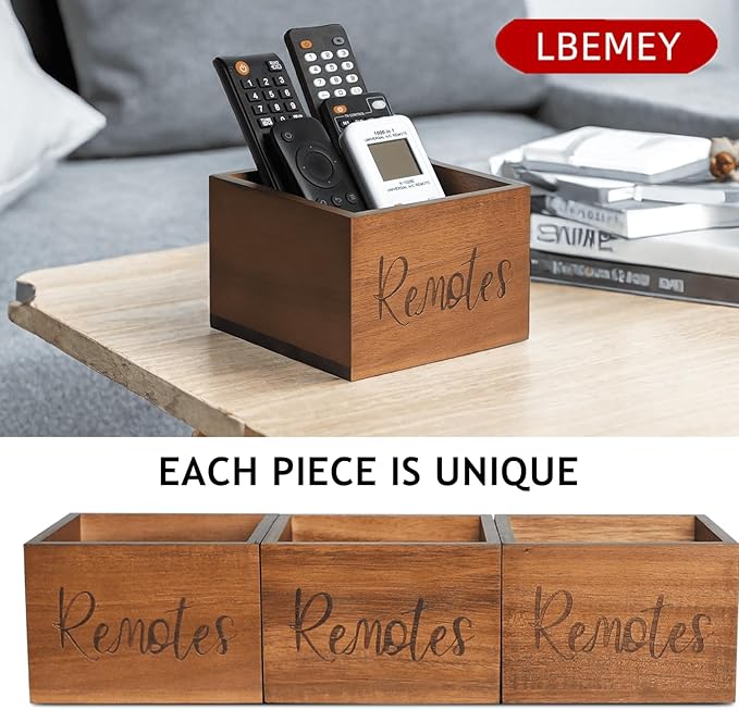 LBEMEY Acacia Wood Remote Control Holder Caddy, TV Organizer for Table, Vintage Farmhouse Desk Caddy (Brown for 3+ Controls)