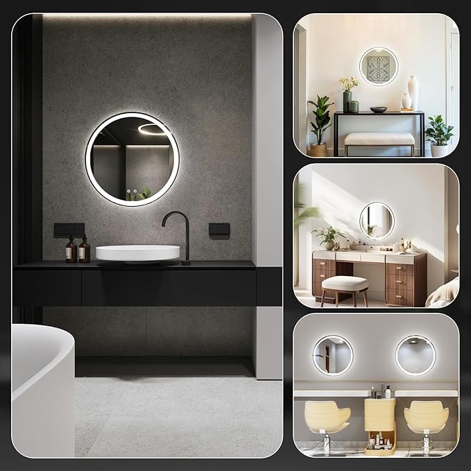 NEWBULIG 24 Inch Round LED Bathroom Wall Mirror with Lights, Light up Vanity Bathroom Mirror for Over Sink, Anti-Fog and Dimmable, Front Light and Backlit, Memory Function, Shatter-Proof, White