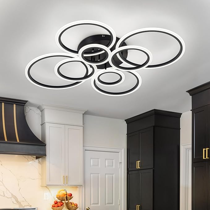 Modern LED Flush Mount Ceiling Light, 8 Rings Black Close to Ceiling Light Fixtures, Living Room Lighting Ceiling Lamp for Dining Room, Bedroom, Kitchen, 4000K Not Dimmable