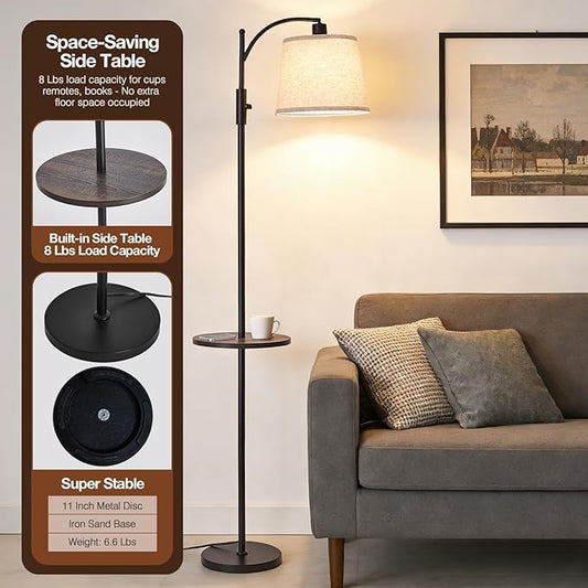 AIDENOEY Fully Dimmable Floor Lamp for Living Room,Standing Lamp Rotary Switch with Table&Linen Beige Shade,Black Tall Lamps for Bedroom with Adjust Head,9W LED Bulb Included