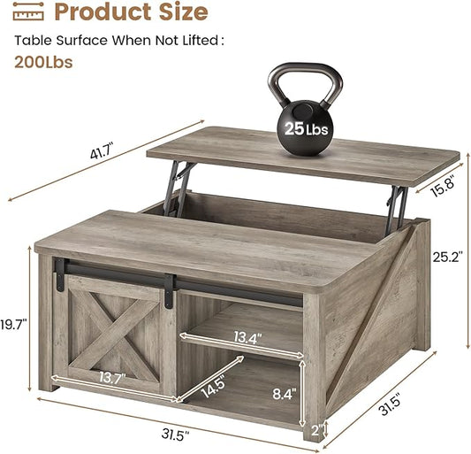 SEDETA 31.5" Lift Top Coffee Table with Storage, Square Coffee Tables for Living Room, Farmhouse Coffee Table with Large Hidden Storage Compartment and Adjustable Shelves, Grey