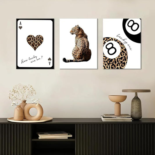 Set of 3 Trendy Leopard Canvas Wall Art, Cheetah & Lucky 8 Ball Playing Card Posters, Preppy Girly Aesthetic Room Decor for Bedroom Dorm Apartment, Framed Prints 16x24 or 12x16 Inch