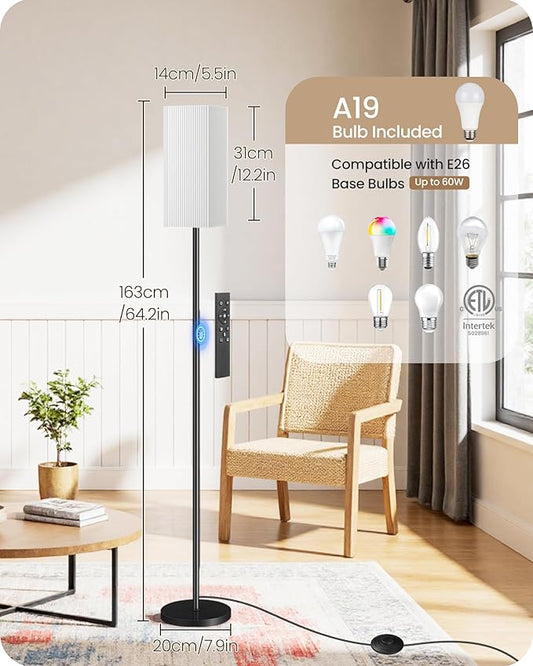 64.2” Dimmable Floor Lamp for Living Room with Remote and Foot Switch, Corner Floor Lamp for Bedroom, Includes 10W A19 Bulb, Modern Standing Tall Lamp, ETL Listed White and Black CW17LD05