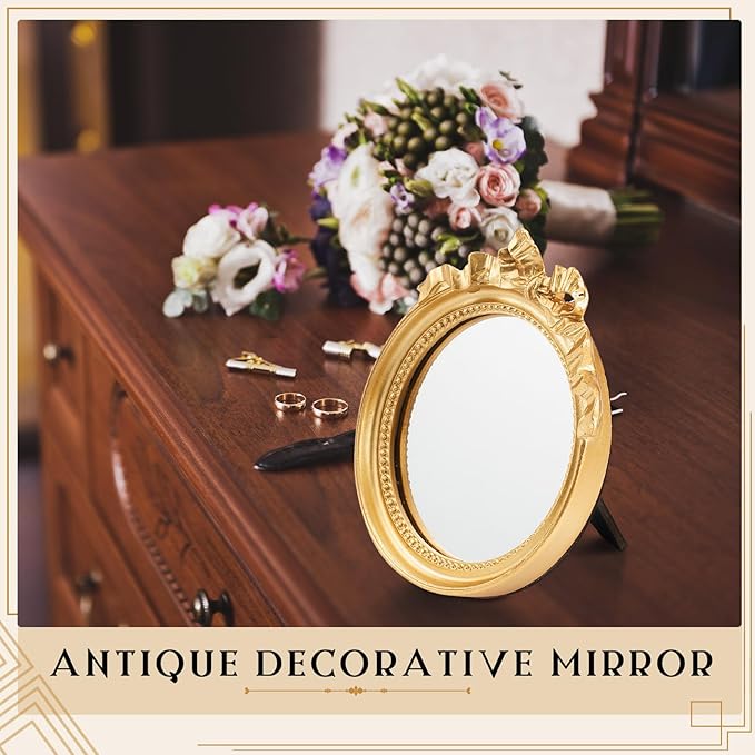 Threehoney 2 Pack Portable Small Vintage Gold Bow Mirror 4.1" Round Vintage Makeup Desk Mirror for Bedroom, Bathroom, Table Decoration