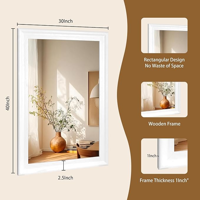 White Wood Mirror for Bathroom,Rectangle Rustic 30 x 40 inch Vanity Mirror for Wall,Wooden Wall-Mounted Hanging Mirror for Entryway,Bedroom or Living Room