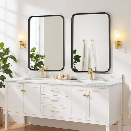 Bathroom Mirror 40x30 Inch Black Metal Frame Rectangle Vanity Mirror with Rounded Corners, Modern Wall Mounted Anti-Rust Mirror for Farmhouse, Restroom, Entryway, Horizontal or Vertical Hanging