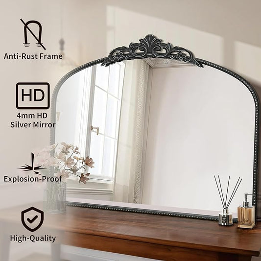 Micasso Large Vintage Black Mirror: 40"x29" French Baroque Antique Arched Mirror - Traditional Ornate Decorative for Wall/Fireplace/Mantel/Entryway/Bathroom/Hallway - Home Decor for Living Room