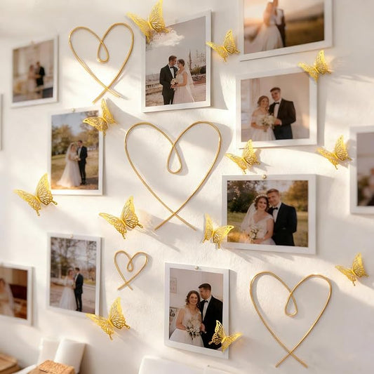 YarnieJiajia Gold Metal Wall Art Decor Wire Hearts And Pvc Butterfly Hanging For Living Room Bedroom Dorm Romantic Minimalist Home Decoration Gift For Women