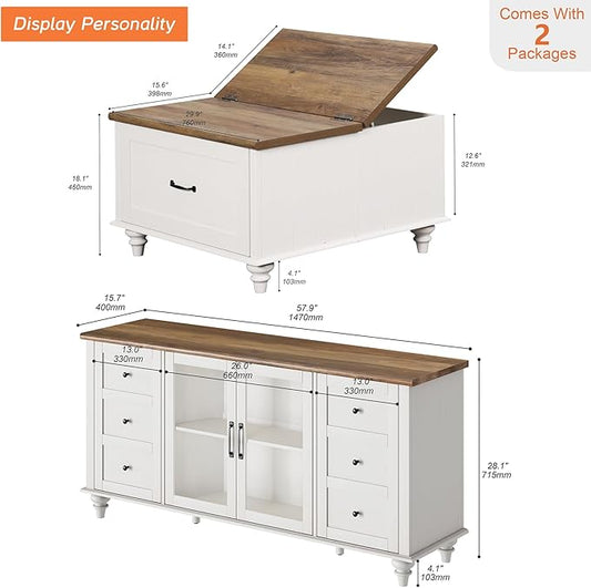 WAMPAT Farmhouse TV Stand and Coffee Table Set of 2, Square Coffee Table with Lift Top & Drawer, White Entertainment Center for 70 Inch TV, 2 Piece Living Room Table Set, White