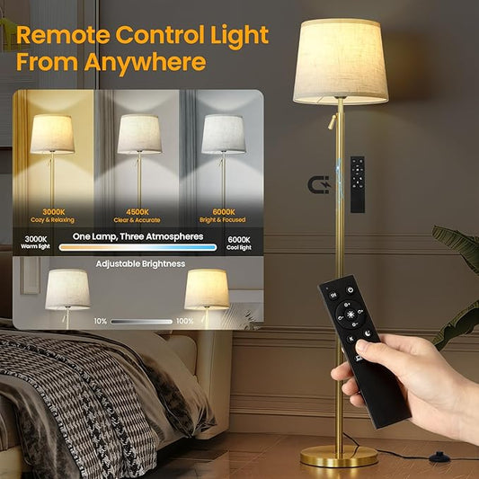 Modern Floor Lamp for Living Room and Bedroom- 55"-67" Height Adjustable Standing Lamps with Dimmable LED Bulb and Remote Control-Bright Tall Stand Light with Shade for Corner Lighting (Gold)