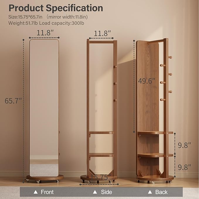 WoodsWhisper Full Length Mirror Coat Rack Solid Wood Floor Mirror 66"x12" Full Length Mirror with Stand Long Mirrors for Bedroom,Living Room (Deep Walnut, 66" Lx12 W)
