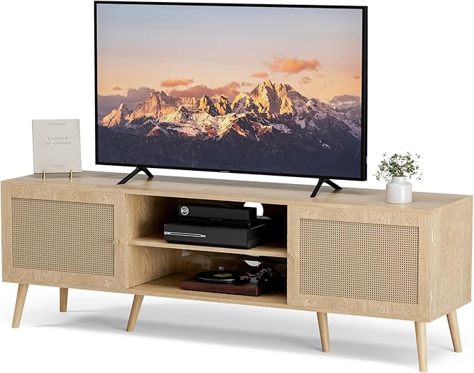 ZttRiee TV Stand for TVs up to 65'', Entertainment Center With Rattan Door, Shelves & 2 Cabinets, Long Boho Media Console for Living Room, Natural