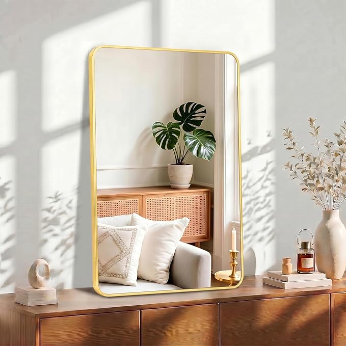 OLIXIS Bathroom Mirror for Over Sink, 36x24 Inch Wall Mount Mirror with Rounded Rectangle and Matte Metal Framed, Modern Wall Vanity Mirror for Home Decor, Living Room, Bedroom, Gold