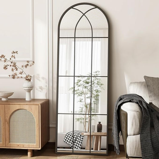 65"x 22" Arched Full Length Window Wall Mirror,Winndow Pane Mirror, Farmhouse Arched-Top Mirror with Metal Framed, Rustic Decorative Mirrors - Black