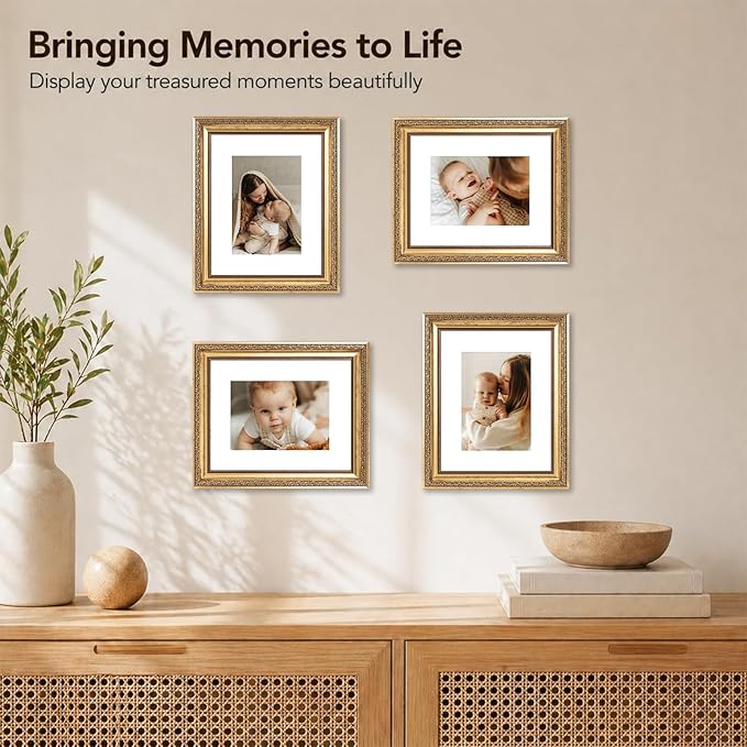 JCJMY 8x10 Vintage Picture Frame with 5x7 Mat Set of 2, Elegant Retro 8 by 10 Photo Frame with Shatter-Resistant Plexiglass for Wall or Tabletop Display, Gallery Decor & Gift, Gold, 2 Pack