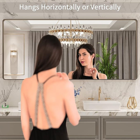 LOAAO 72βX32β Bronze Bathroom Mirrors for Vanity, Rounded Rectangle Brushed Bronze Metal Frame Mirror, Anti-Rust, Tempered Glass, Hangs Horizontally or Vertically