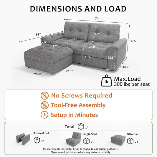 Oversized Modular Sectional Sofa with Storage, Modern Deep Seat Cloud Couch for Living Room, L-Shaped Large Sectional Couch, Loveseat, Gray