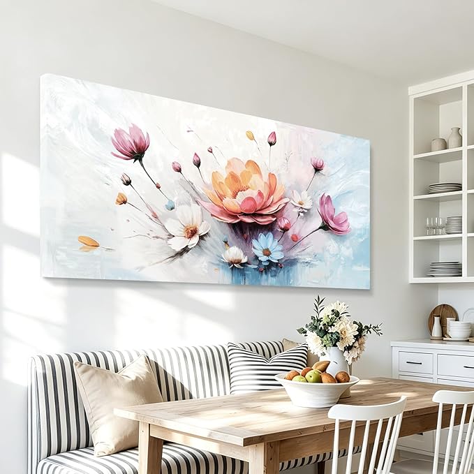 Extra Large Floral Living Room Wall Art (Orange, Pink, & Blue) — Abstract, Colorful Botanical Canvas Print. A Modern, Aesthetically Pleasing Nature-Inspired Wall Decoration, Suitable For Bedrooms, Entryways, Dining Rooms, Balconies, And More. Dimension...