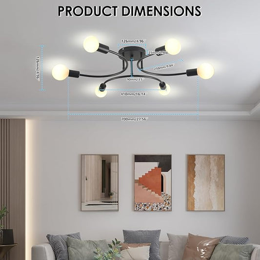 FRIXCHUR 6-Light Sputnik Chandelier, Black Mid-Century Modern Semi Flush Mount Ceiling Light, Metal Fixture with E26 Sockets for Bedroom, Living Room, Kitchen (Bulbs Not Included)