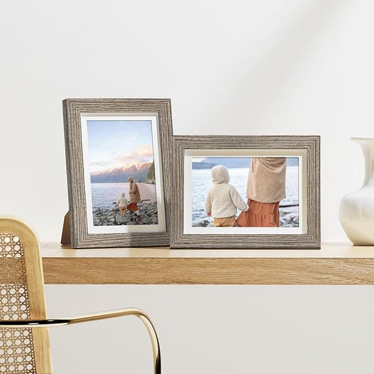 Vittanly 5x7 Picture Frames Set of 9, Display 4x6 Pictures with Mat or 5x7 without Mat, Photo Frames for Wall or Tabletop with Plexiglass, Engineered Wood, Grayish Brown