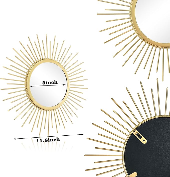 3 Set Sunburst Mirrors for Wall Decor Living Room Bedroom Bathroom Dining Room Metal Boho Sunburst Wall Mirror Set Gold Metal Vintage Circle Art Pack - Gold 11.8 in