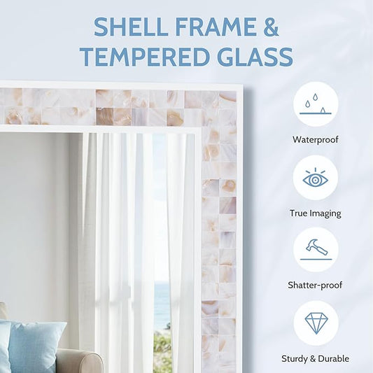 Tanmicoshomy Brown Shell Framed Rectangular Wall Mirrors for Bathroom, 30x36 Inch Mosaic Mirror for Bedroom Living Room or Entryway, Wall Mounted Horizontal or Vertical Hanging