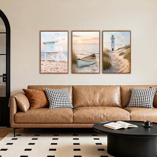 KAlRNE Modern Coastal Framed Canvas Wall Art Set of 3(16”X24”),Neutral Beach Sailboat Wall Decor,Ocean Lighthouse Picture,Photography Seagull Seascape Art Prints For Living Room Bedroom Office