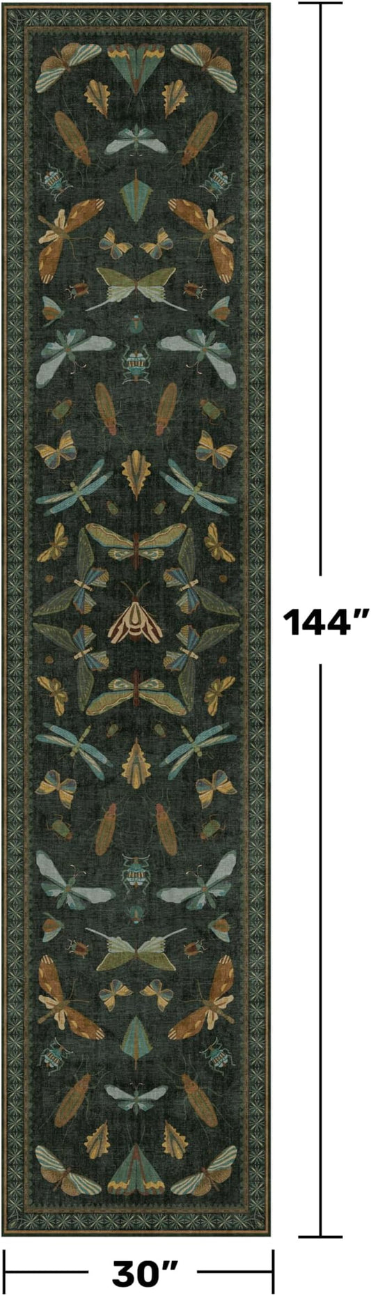 Dark Green 2'6"x12' Long Runner Rugs for Hallway - Boho Wide Washable Non Slip Rug for Indoor Entryway, Kitchen, Low Pile Vintage Whimsical Insect Moth Design, Stain Resistant Ultra Soft Carpet
