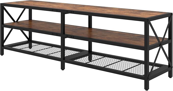 Bigbiglife TV Stand for TVs Up to 75 Inches, Industrial Entertainment Center with 3 Tier Open Shelves, TV Console Table for Living Room, Bedroom, Rustic Brown (75 inch)