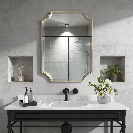 POZINO Rectangle Beveled Mirror, 24"x36" Brushed Gold Bathroom Vanity Mirror with Stainless Steel Frame, Aesthetic Wall Mirrors for Living Room Bedroom Hallway Entryway, Horizontal or Vertical Hanging