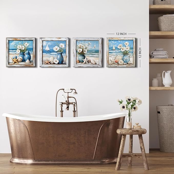 Coastal Wall Art Nautical Bathroom Decor Vintage Beach Theme Pictures Wall Art Vintage Beachy Paintings Canvas Prints Watercolor Flowers Posters Blue Seascape Framed Artwork Home Decorations 12x12”