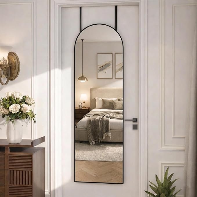 Simple Deluxe 47x14 Arched Full Length Mirror Over The Door, Wall Mounted Full Body Mirror, Rustproof Aluminum Alloy Frame, Distortion-Free, for Bedroom, Living Room, Entryway, Black