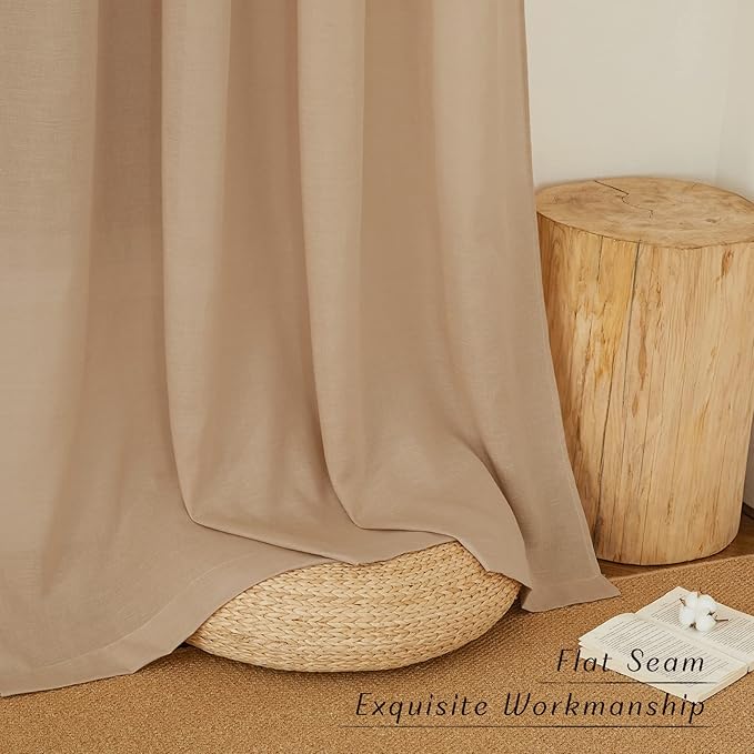 NICETOWN Rustic Linen 132 inch Long Curtains for Living Room, Grommet Privacy Added Thick Linen Weave with Light Filter Window Curtains & Drapes for Bedroom, Camel, W55 x L132, 2 Panels