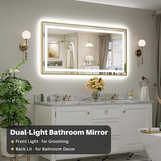 60x30 Inch LED Bathroom Mirror with Gold Frame, Backlit & Front Lit, Anti-Fog Lighted Bathroom Vanity Mirror for Wall, Memory Function, Dimmable, HD Tempered Glass, Shatter-Proof