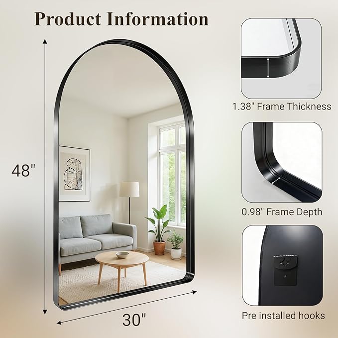 Arched Bathroom Mirror, 30"x48" Black Mirror for Wall Mounted Vanity Mirror for Over Sink with Tempered Glass, Aluminum Alloy Deep Frame, Farmhouse for Bedroom, Entryway, Living Room