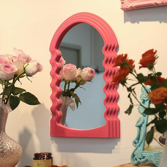Wavy Wall Mirror for Living Room Decor, Velvet Finish Funky Wall Mounted Mirror for Girly Bedroom Decoration, Cute Hanging Sculpture Home Accent for Dining Room Kitchen (Pink)