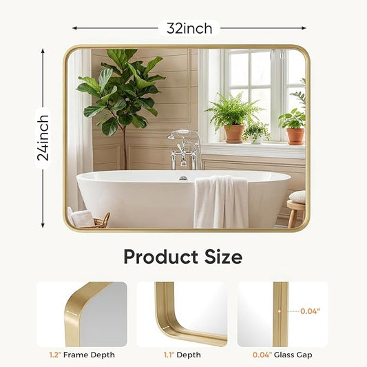 Sweetcrispy Bathroom Wall Mirror, 32x24 Inch Wall Mount Mirror for Over Sink, Modern Rounded Rectangle Vanity Mirror with Matte Metal Framed, for Home Decor, Living Room, Bedroom, Gold