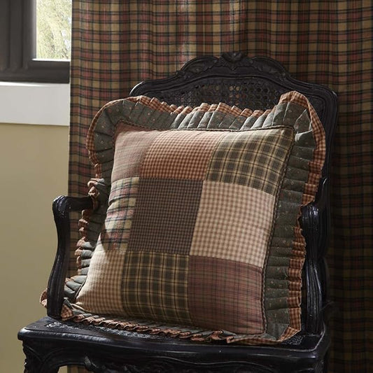 VHC Brands Primitive Bedding Cinnamon Plaid Cotton Patchwork Square Cover Insert Pillow, Dark Olive Green