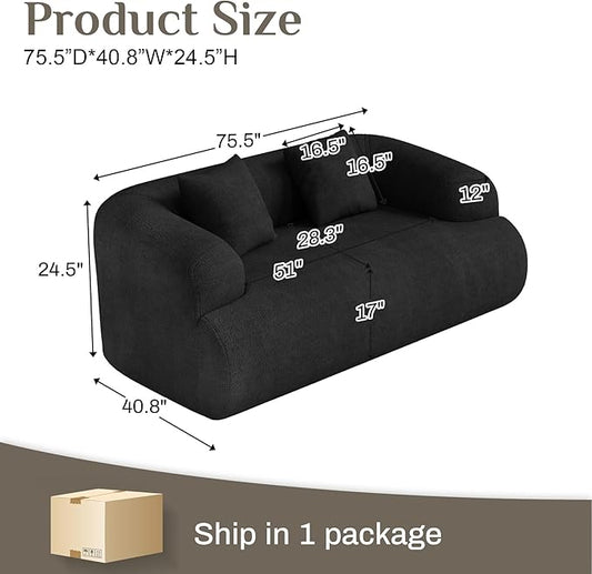 75" Boneless Cloud Loveseat, Modern Cute Curved Chenille Sofa, 2 Seater Compression Couch with 2 Pillows, No Assembly Required for Apartment Living Room, Black