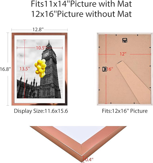 12x16 Picture Frame Set of 6, Made of High Definition Plexiglass for 12 x 16 Rose Gold Frames,Display Pictures 8x10 with Mat,Wall and Tabletop Display