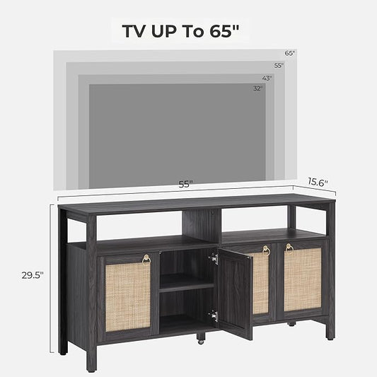 SICOTAS Rattan TV Stand for Television up to 65 Inch - 29.5" Tall Entertainment Center with Storage and Open Shelves,Boho Credenza TV Console Cabinet with 4-Doors and Adjustable Shelf for Living Room
