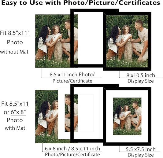 JCJMY 12 Packs 8.5 by 11 Picture Frames, Display 6x8 with Mat or 8.5x11 Without, for Award Certificate Diploma Document, 8.5 x 11 Frames Bulk Set of 12 Photo Frames Set for Wall and Tabletop, Black