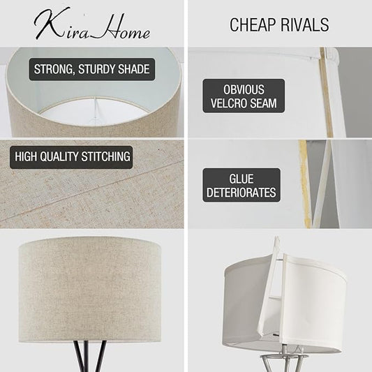 Kira Home Sadie 60" Modern Tripod Floor Lamp with Honey Beige Linen Drum Shade, Mid Century Cross-Leg Standing Light with 9W LED Bulb, Oil Rubbed Bronze Finish